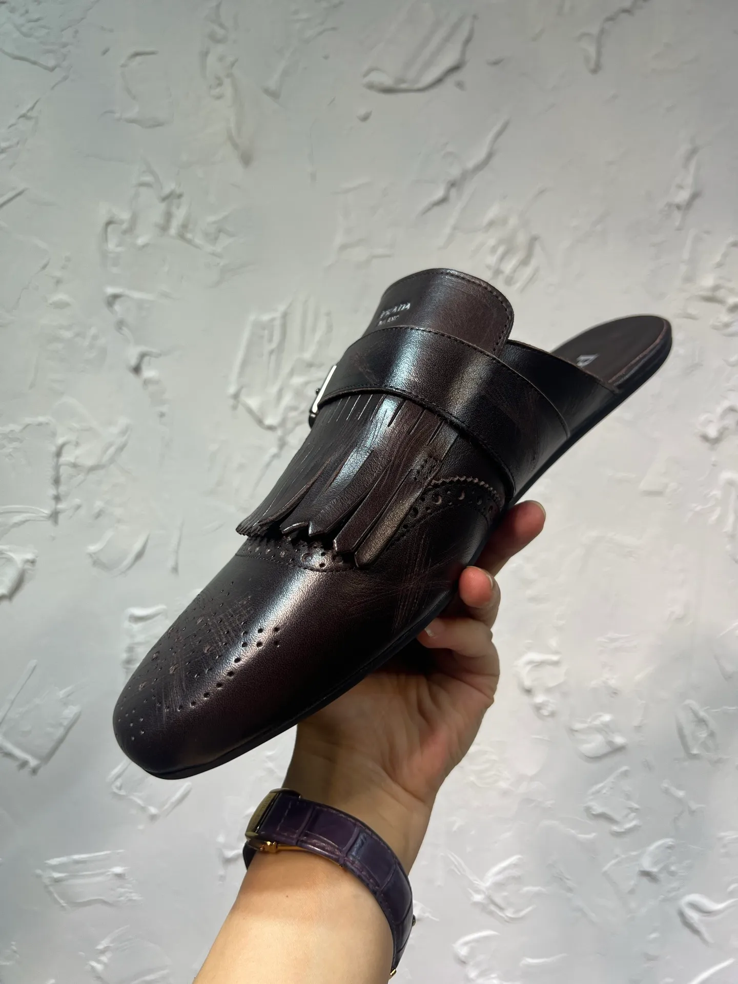 P780 prada derby2025 spring and autumn latest Prada slip-on retro men's Muleto shoes, Shuffle tassel strap Monk shoes, upper cowhide, lining and foot cowhide, rubber sole, original packaging Code number: 39-46